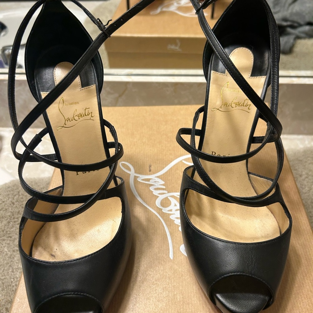 Christian Louboutin Black Peep-Toe Strappy Heels